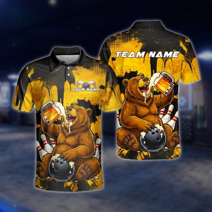 Personalized Bear Beer Bowling Polo Shirt Mens, Custom Team Bear Bowling Shirt BZ0926 BOW0015