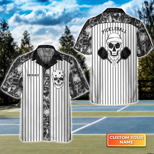 Skull Vertical Stripes Personalized Name 3D Hawaiian Shirt QB95 Gift For Pickleball Player PKL0151