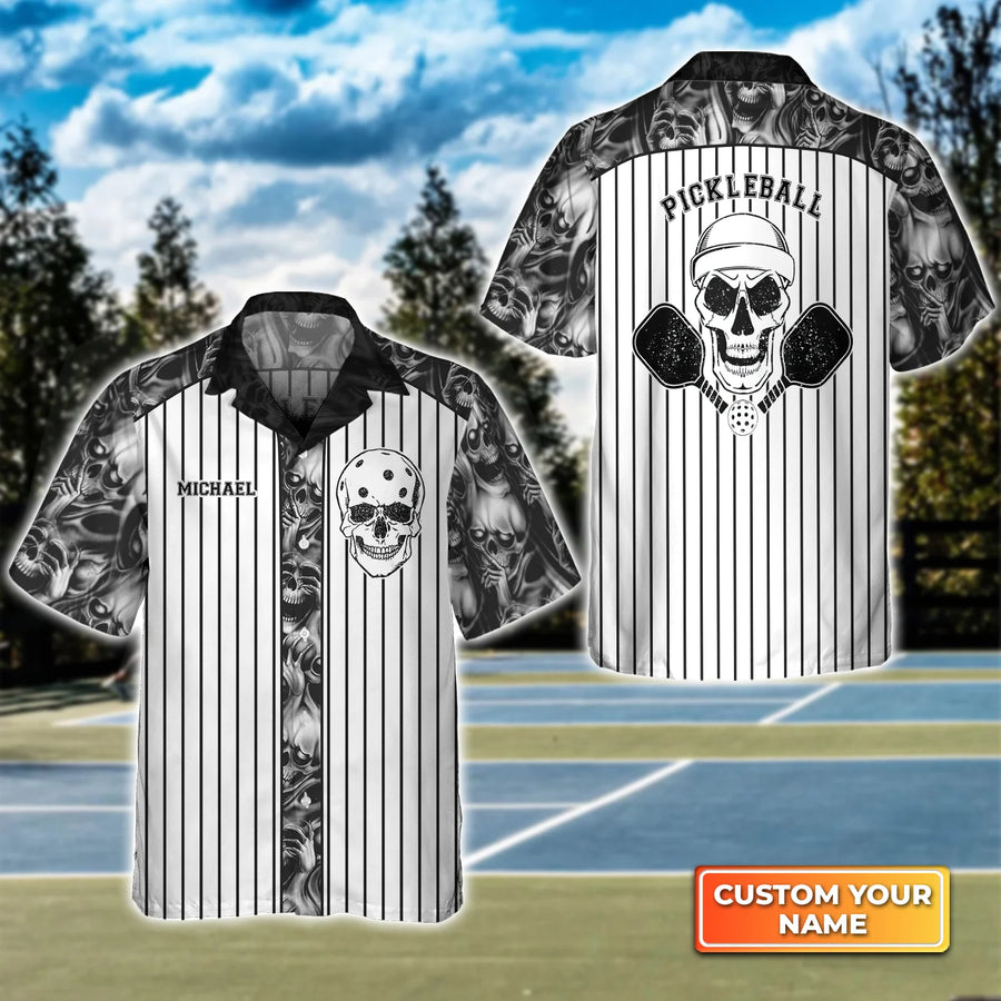 Skull Vertical Stripes Personalized Name 3D Hawaiian Shirt QB95 Gift For Pickleball Player PKL0151