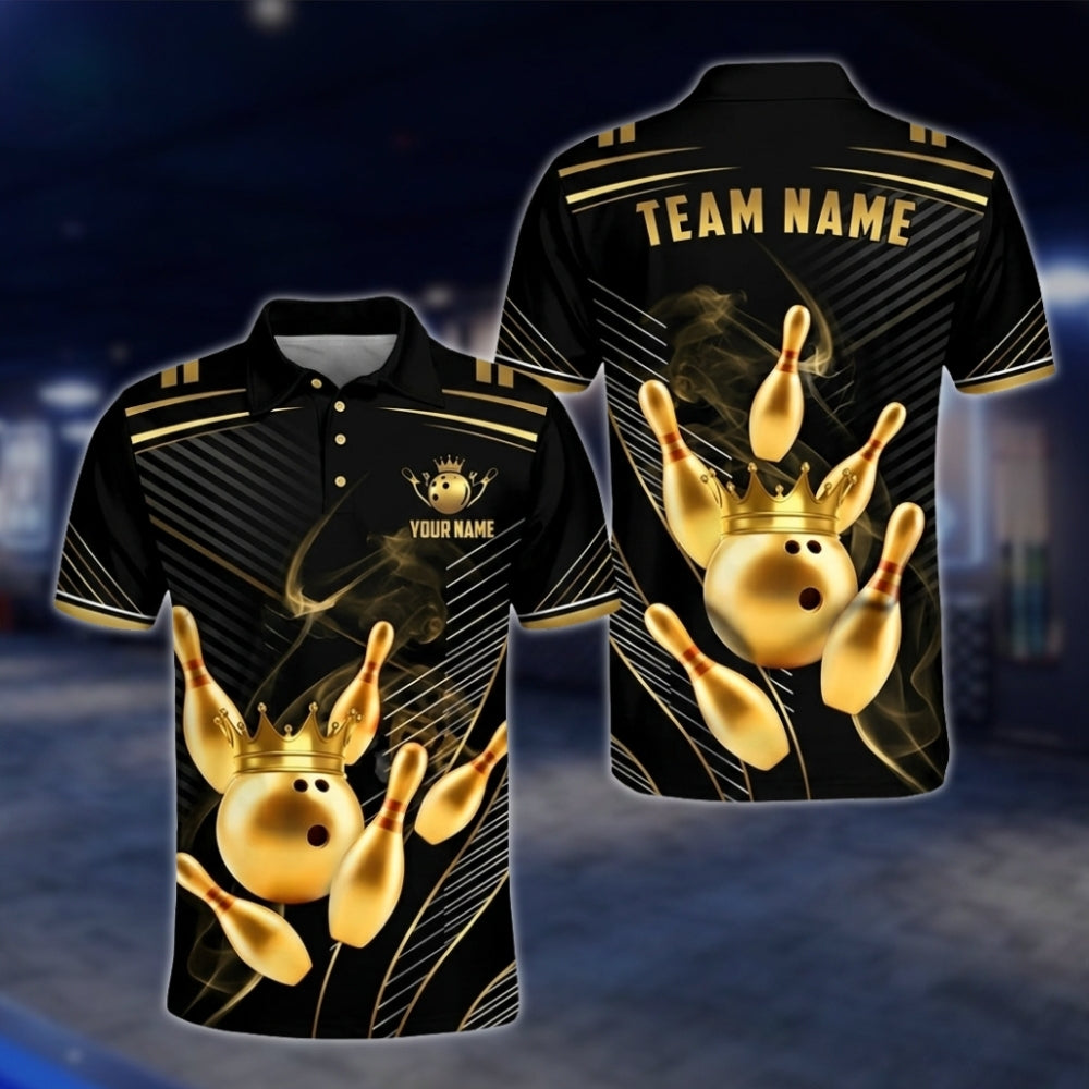Golden Pins And Ball Custom Team Bowling Polo Shirt For Men, Custom Black Gold Bowling Team Shirts BA0007 BOW0479