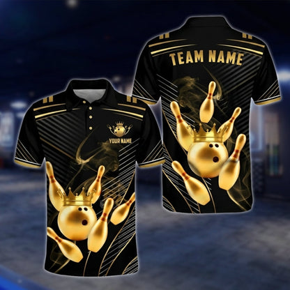 Golden Pins And Ball Custom Team Bowling Polo Shirt For Men, Custom Black Gold Bowling Team Shirts BA0007 BOW0479