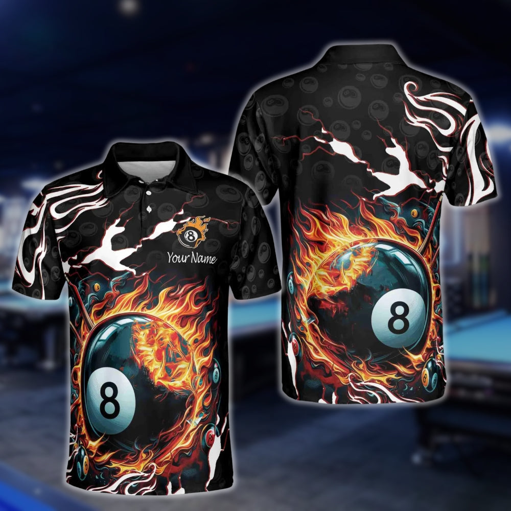 Custom Flame 8 Ball Billiard Polo Shirt For Mens, Custom Flame Billiard Shirts BLD0077