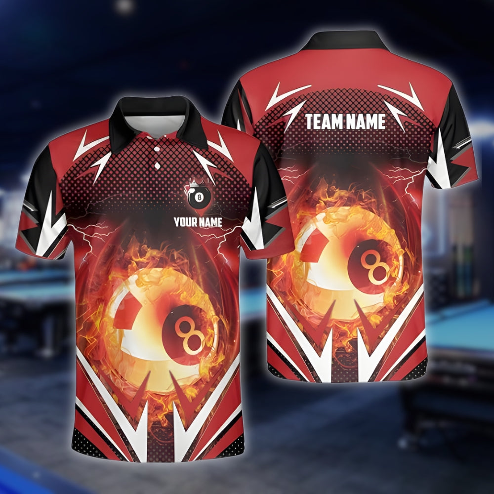 Custom Flame 8 Ball Billiard Polo Shirt For Mens, Custom Black And Red Flame Billiard Team Shirts BLD0100