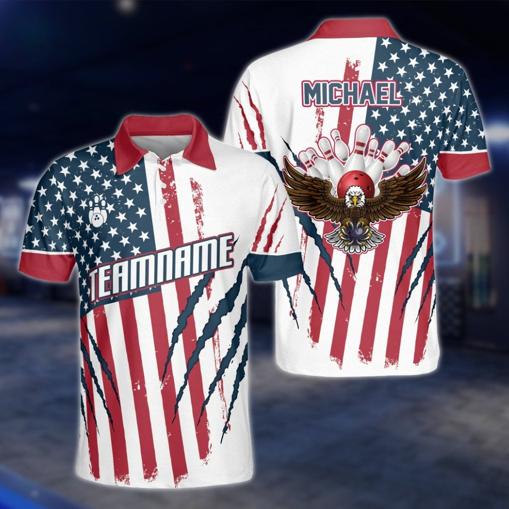 Eagle American Flag Custom Mens Bowling Polo Shirt, Custom Patriotic Bowling Team Shirts BZ0098 BOW0222