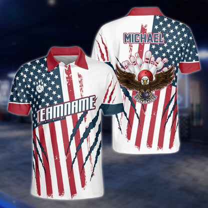 Eagle American Flag Custom Mens Bowling Polo Shirt, Custom Patriotic Bowling Team Shirts BZ0098 BOW0222