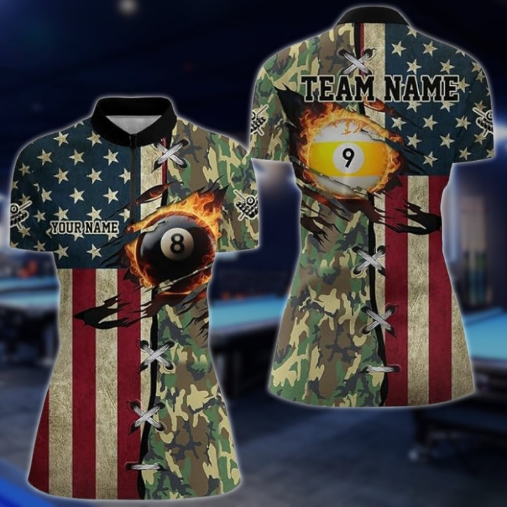 Custom Retro American Flag Camo Billiard Jersey For Women, Custom Patritoic Billiard Team Shirt For Ladies BLD0163