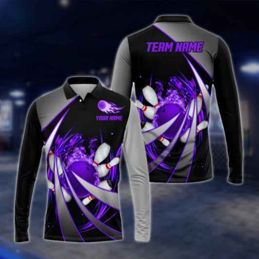 Custom Flame Purple Black Bowling Long Sleeve Polo Shirt For Mens, Custom Flame Bowling Team Shirts BO0258 BOW0371