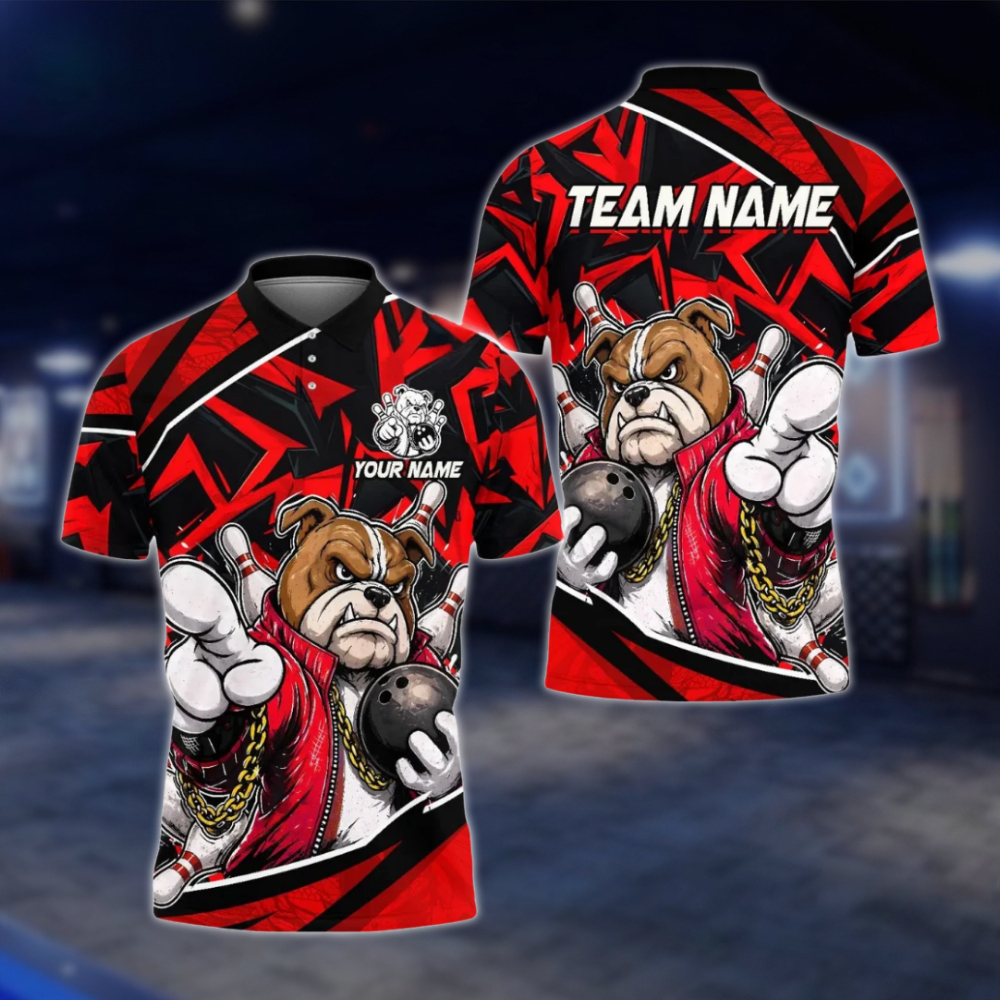 Personalized Red Bulldog Bowling Polo Shirt For Men, Custom BullDog Bowling Team Shirt BE0217 BOW0110