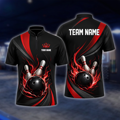 Personalized Flame Red Black Bowling Mens Jersey, Custom Flame Bowling Shirt For Team BZ0923 BOW0018