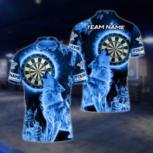 Wolf Blue Flame Custom Mens Dart Polo Shirt, Custom Wolf Team Darts Shirt DAT0420