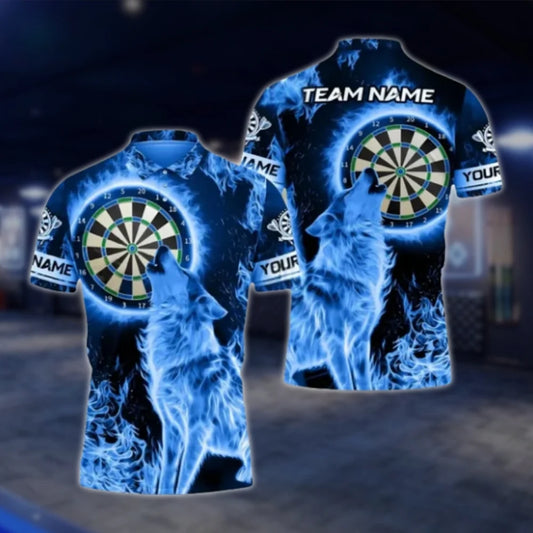 Wolf Blue Flame Custom Mens Dart Polo Shirt, Custom Wolf Team Darts Shirt DAT0420