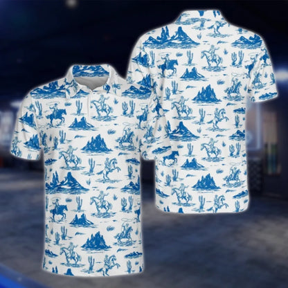 Men's Cowboy White Blue Golf Polo Shirt, Western Golf Shirt GOF0137