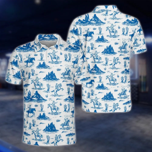 Men's Cowboy White Blue Golf Polo Shirt, Western Golf Shirt GOF0137