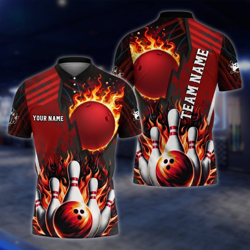Personalized Fire Ball Red Bowling Polo Shirt For Men, Custom Team Flame Bowling Shirts BZ0812 BOW0144