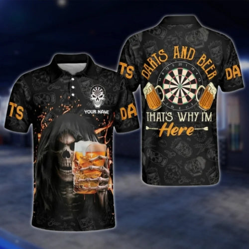 Darts And Beer That's Why I'm Here Custom Mens Skull Dart Polo Shirt, Custom Funny Beer Dart Shirt DAT0447