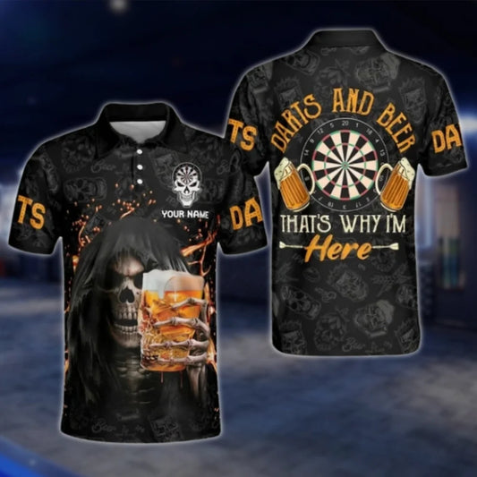 Darts And Beer That's Why I'm Here Custom Mens Skull Dart Polo Shirt, Custom Funny Beer Dart Shirt DAT0447