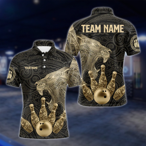 Lion Tribal Custom Black Gold Bowling Mens Polo Shirt, Custom Lion Team Bowling Shirts BZ0491 BOW0285