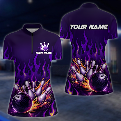 Personalized Purple Flame Womens Bowling Jersey, Custom Flame Bowling Team Shirts For Ladies BZ0862 BOW0086