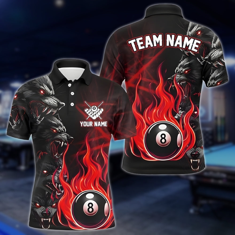 Custom Wolf Flame 8 Ball Billiard Polo Shirt Mens, Custom Wolf Pool Billiard Team Shirts BLD0191