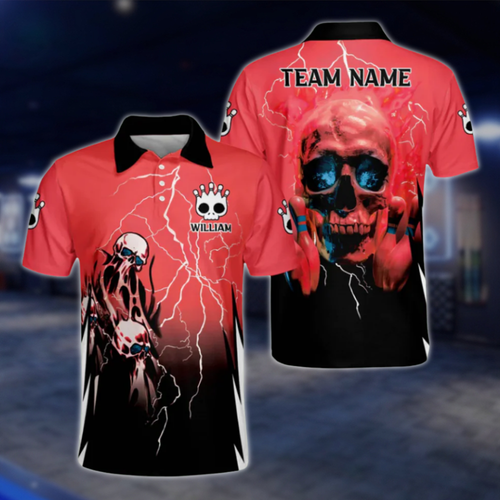 Custom Skull Men's Red Black Polo Bowling Team Shirts, Custom Skull Bowling Shirt BZ0158 BOW0500