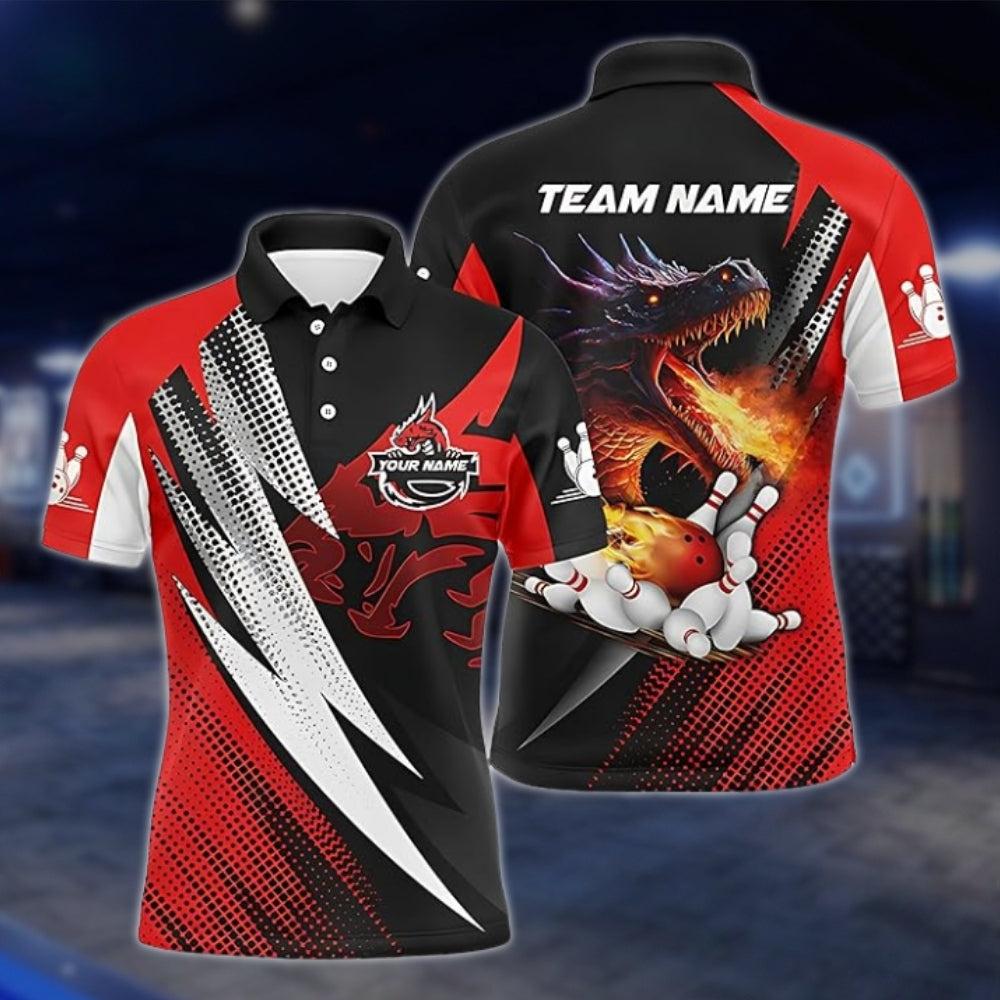 Custom Dragon Fire Bowling Polo Shirt For Men, Black Red Custom Dragon Bowling Team Shirts BZ0192 BOW0485