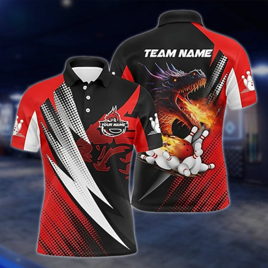 Custom Dragon Fire Bowling Polo Shirt For Men, Black Red Custom Dragon Bowling Team Shirts BZ0192 BOW0485
