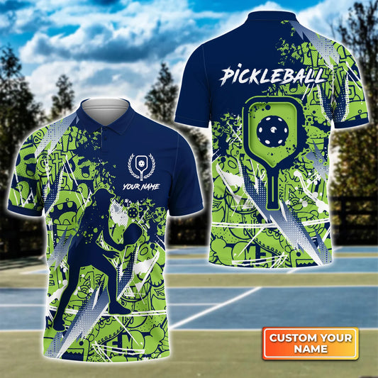 Pickleball - Scritch Woman Green Blue Pattern Personalized Name 3D Polo Shirt QB95 Gift For Pickleball Player PKL0092