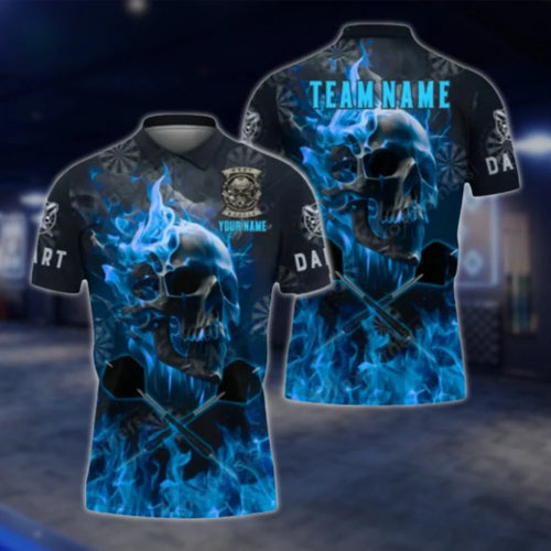 Custom Skull Blue Flame Dart Polo Shirt, Custom Skull Dart Team Shirts DAT0343