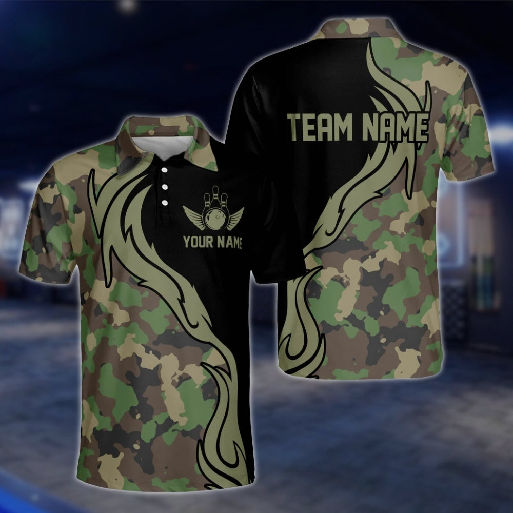 Custom Green Camouflage Bowling Mens Polo Shirt, Custom Camo Bowling Team Shirts BM0334 BOW0193
