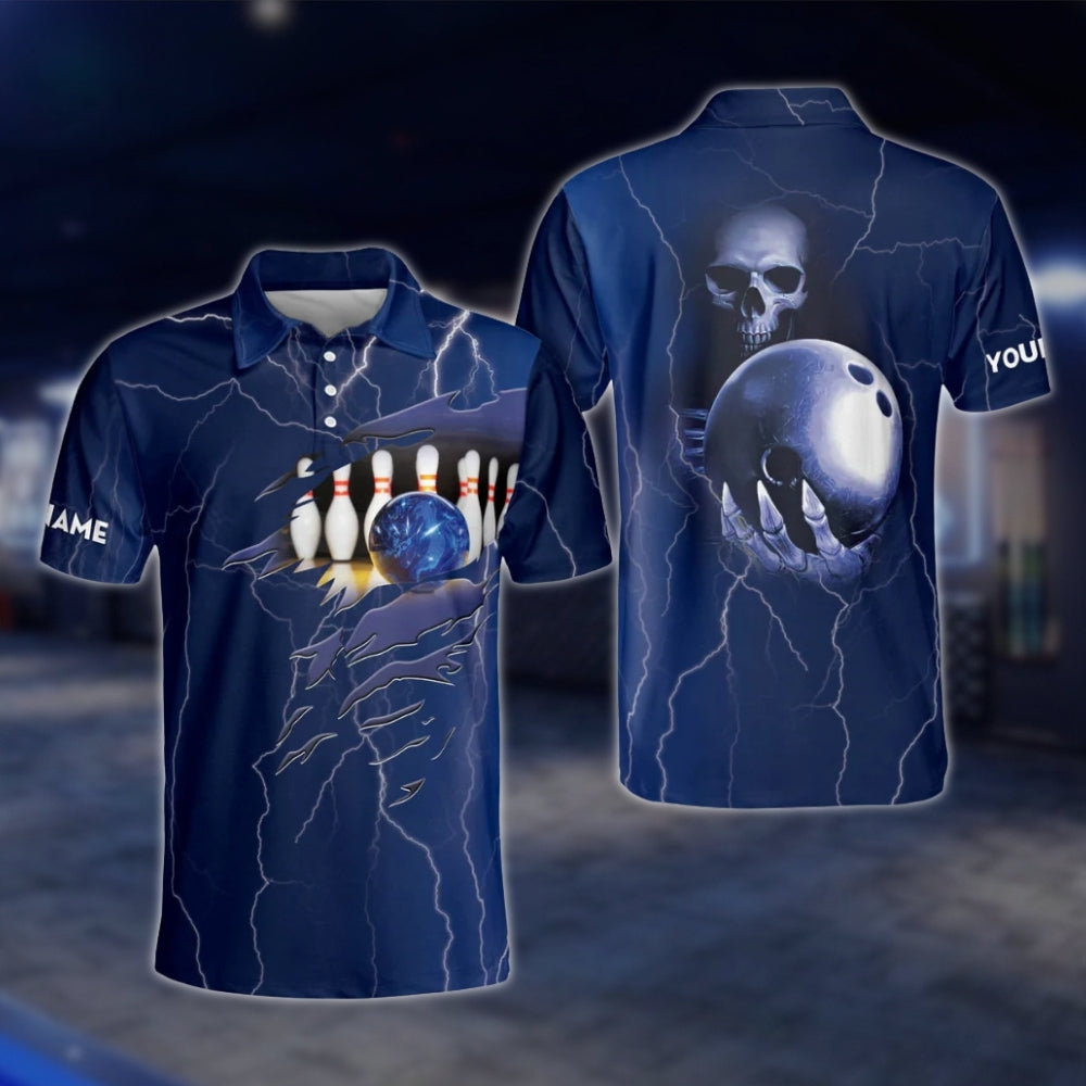 Custom Skeleton And Ball Bowling Polo Shirt For Men Blue, Custom Skull Bowling Shirt For Team BM0295 BOW0223