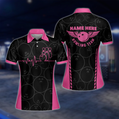 Custom Women's Black And Pink Polo Bowling Team Shirts, Custom Team Bowling Shirt Womens BW0057 BOW0430