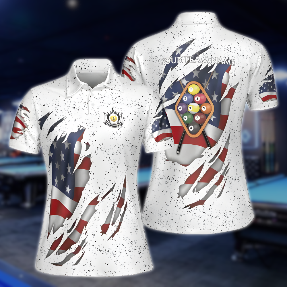 USA Flag Custom White Grunge Billiard Women Polo Shirts, Custom Patriotic Billiard Team Shirts Ladies BLD0123