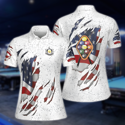 USA Flag Custom White Grunge Billiard Women Polo Shirts, Custom Patriotic Billiard Team Shirts Ladies BLD0123