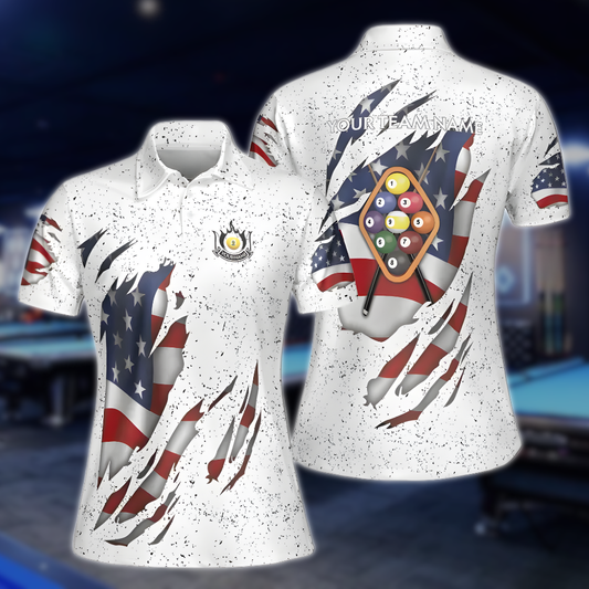 USA Flag Custom White Grunge Billiard Women Polo Shirts, Custom Patriotic Billiard Team Shirts Ladies BLD0123