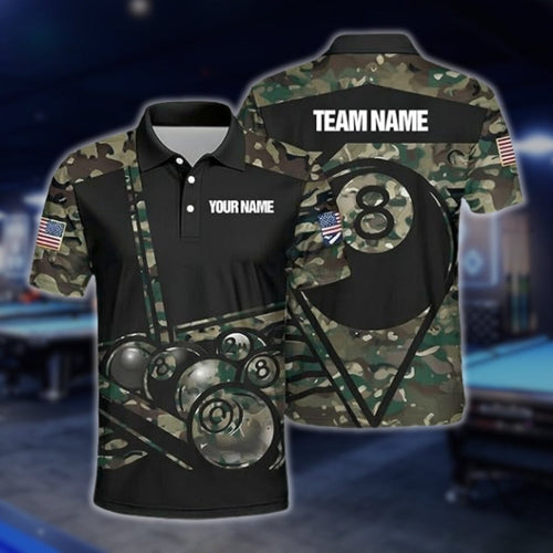 Custom Men's Camouflage 8 Ball Billiard Polo Shirt, Custom Camo Billiard Team Shirts BLD0075