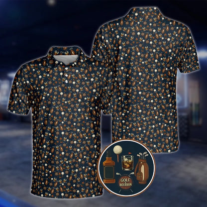 Mens Golf & Bourbon Pattern Navy Golf Polo Shirts, Bourbon Golf Shirts GOF0010