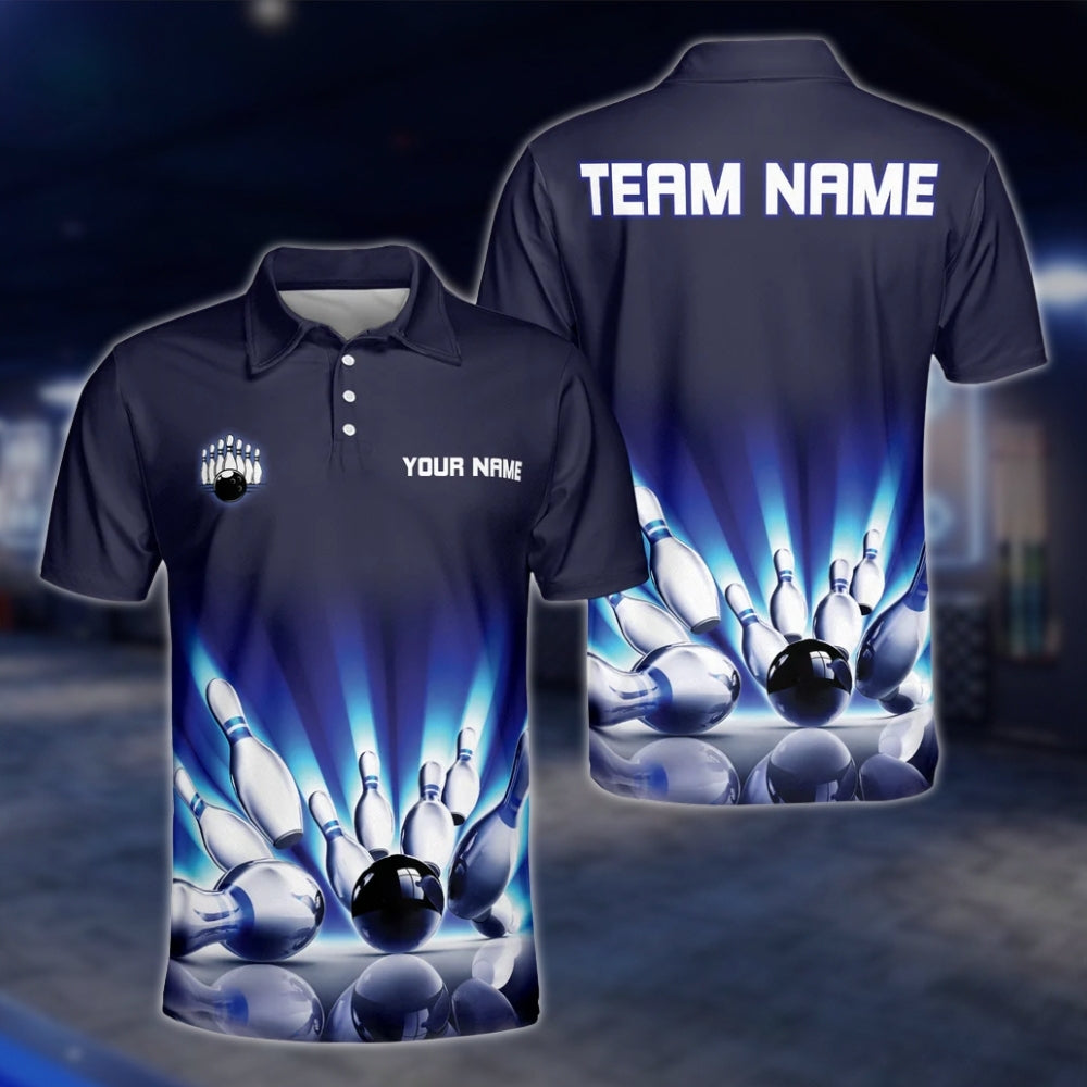 Custom Team Blue Black Mens Bowling Polo Shirt, Custom Bowling Shirts BZ0063 BOW0199