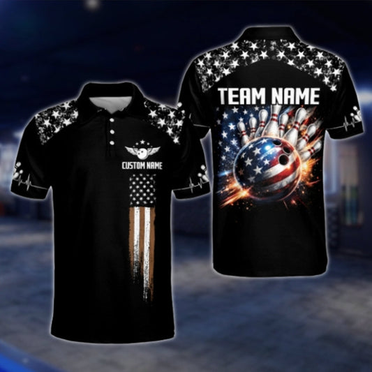 American Flag Bowling Ball Custom Mens Bowling Polo Shirt, Custom Patriotic Bowling Team Shirts BZ0359 BOW0438