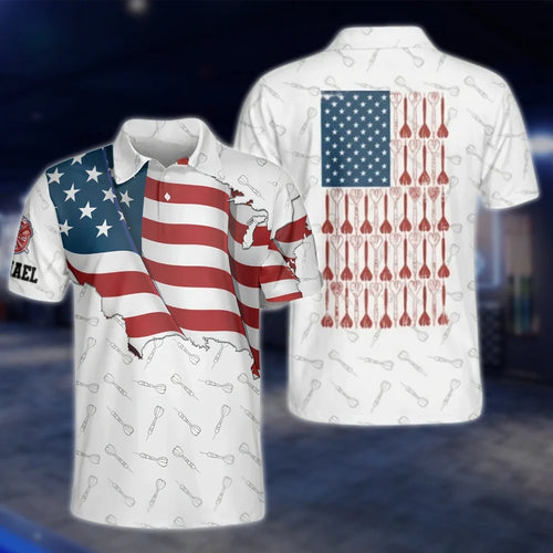 Personalized Grunge American Flag White Men's Dart Polo Shirt, Custom Patriot Dart Shirts DAT0242