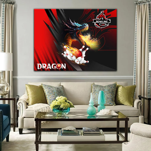 Dragon Team Red Bowling Ball On Fire Graphic Printed Canvas Bowl Game Living Room Decor Gift For Bowlers ORN0125