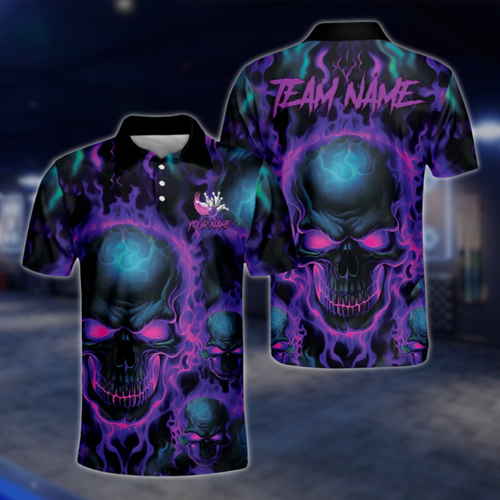 Purple Flame Skull Custom Team Mens Bowling Polo Shirts, Custom Skull Bowling Shirt BM0315 BOW0428