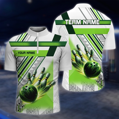 Personalized Team Green And White Bowling Jersey For Men, Custom Bowling Shirts BZ0808 BOW0150