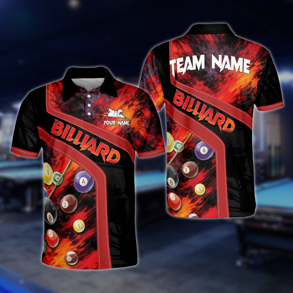 Black And Red Custom Grunge Billiard Men Polo Shirt, Custom Billiard Team Shirts BLD0120