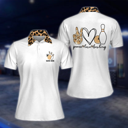 Peace Love Bowling Custom Leopard White Bowling Polo Shirt Ladies, Custom Leopard Women's Bowling Shirts BW0071 BOW0215