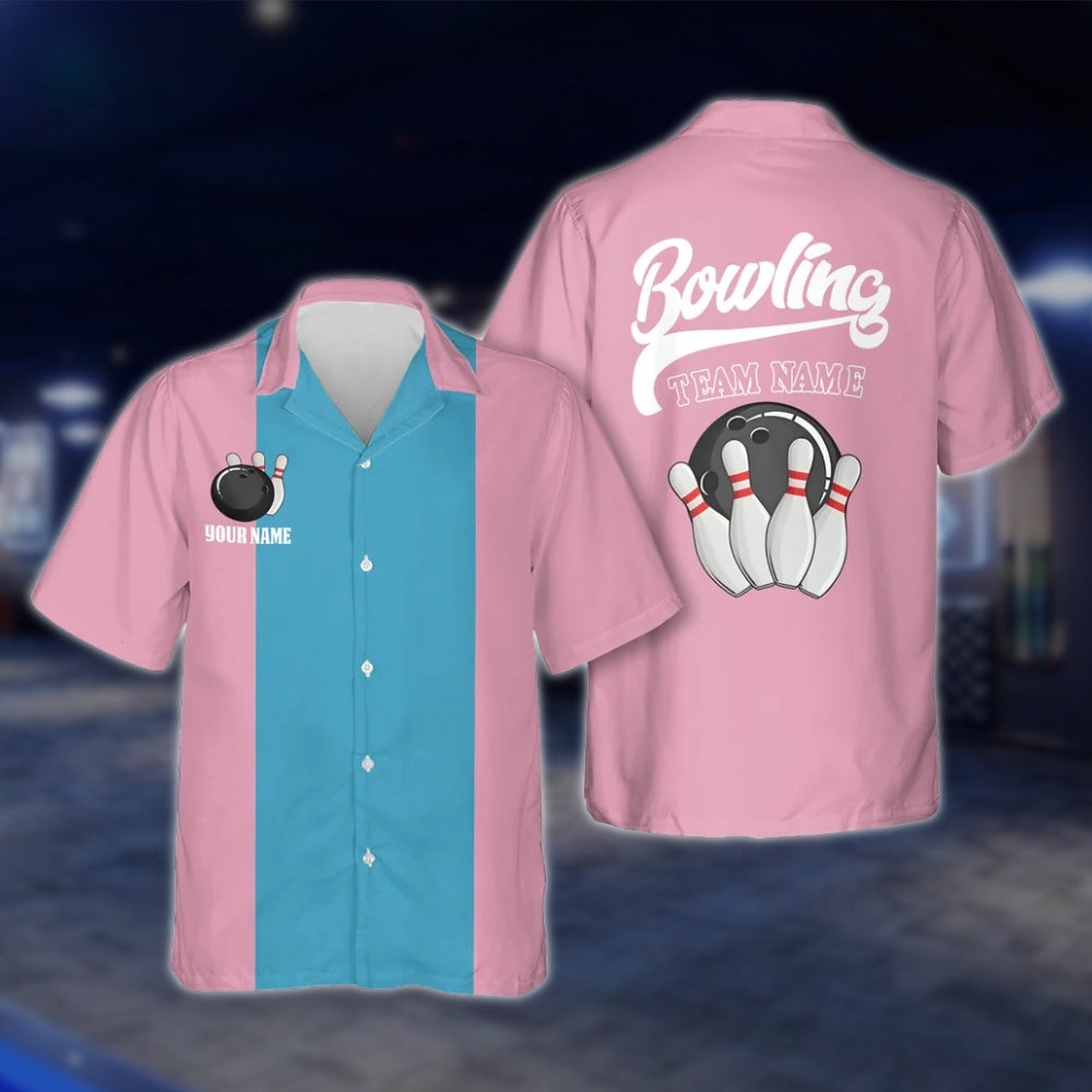 Women's Custom Pink Blue Vintage Bowling Hawaiian Shirt, Custom Vintage Bowling Team Shirts For Ladies BZ0019 BOW0303