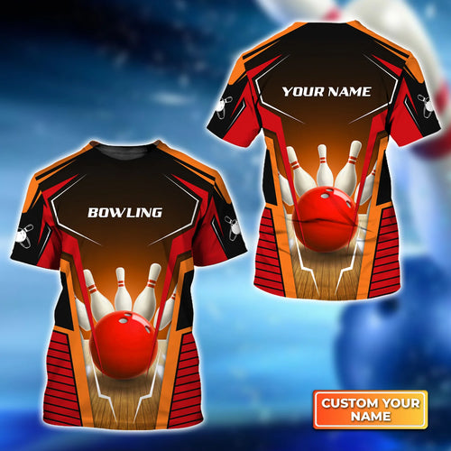 Mens Bowl Pin And Red Bowling Ball Personalized Name 3D Tshirt QB95 Gift For Bowler ORN0288