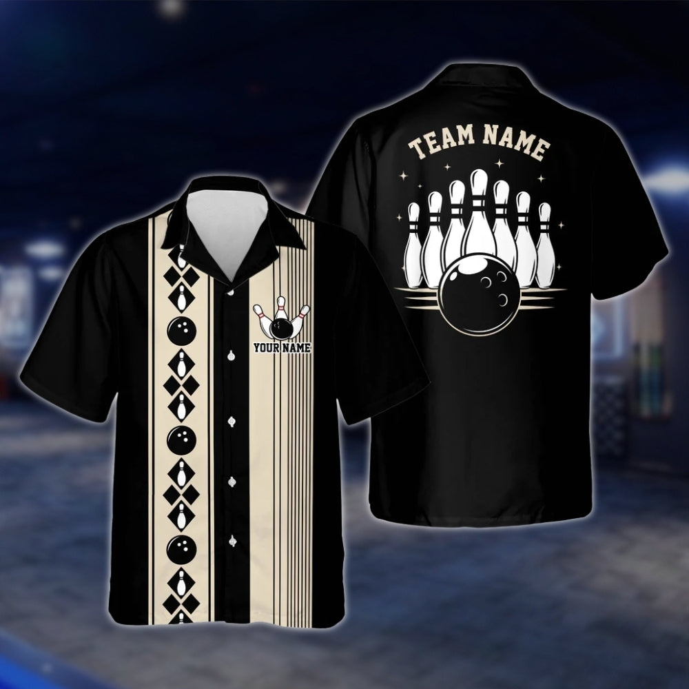 Custom Vintage Black Beige Bowling Hawaiian Shirt Men Women, Custom Vintage Bowling Team Shirts BE0020 BOW0366