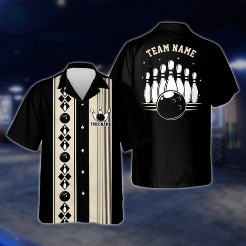 Custom Vintage Black Beige Bowling Hawaiian Shirt Men Women, Custom Vintage Bowling Team Shirts BE0020 BOW0366