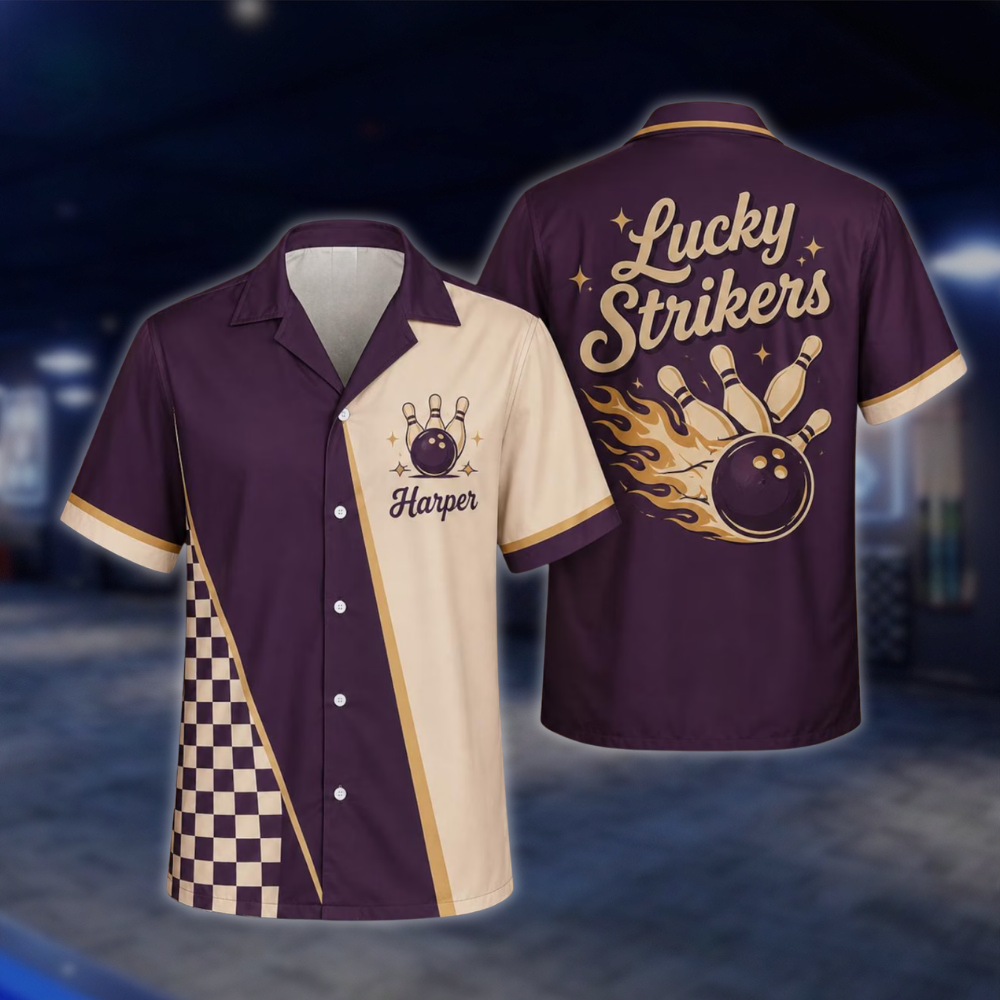 Personalized Lucky Strikers Purple Retro Bowling Hawaiian Shirt, Custom Retro Bowling Shirt Team BE0250 BOW0032