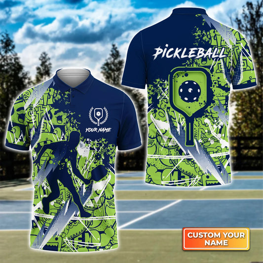 Pickleball - Scritch Man Green Blue Personalized Name 3D Polo Shirt QB95 Gift For Pickleball Player PKL0091